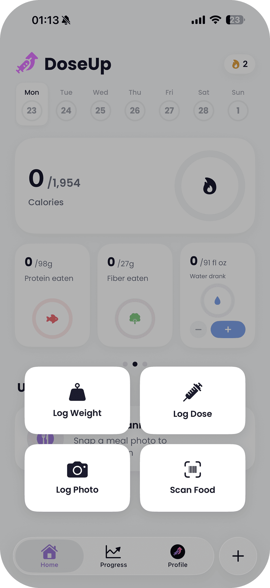 Quick action menu for logging weight, dose, photos, and food